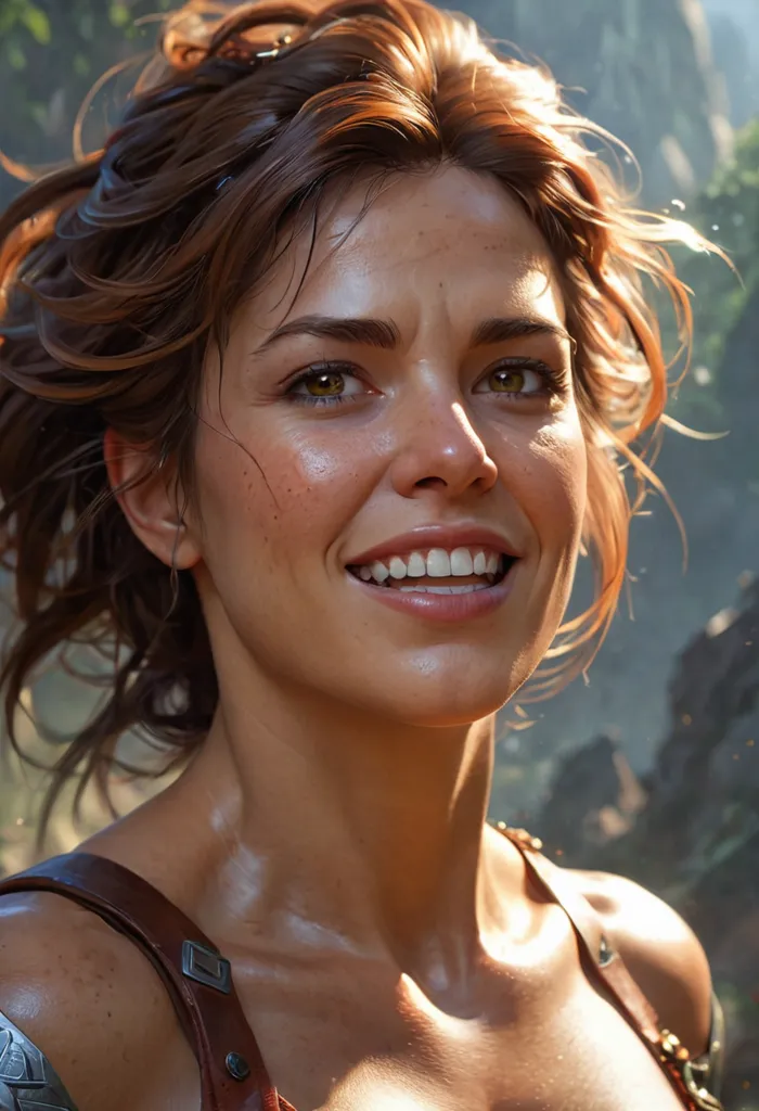 This is a picture of a young woman, probably in her early 20s. She has long, wavy brown hair, light brown eyes, and a warm, friendly smile. She is wearing a brown leather vest or halter top, and her shoulders are bare. She looks like she is about to embark on an adventure.