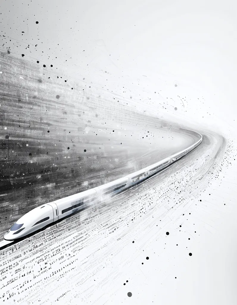 The image shows a high-speed train moving on a track. The train is white and sleek, and it is surrounded by a blur of motion. The background is a light gray, and it is covered in a grid of tiny black dots. The train is moving very fast, and it is creating a sonic boom.