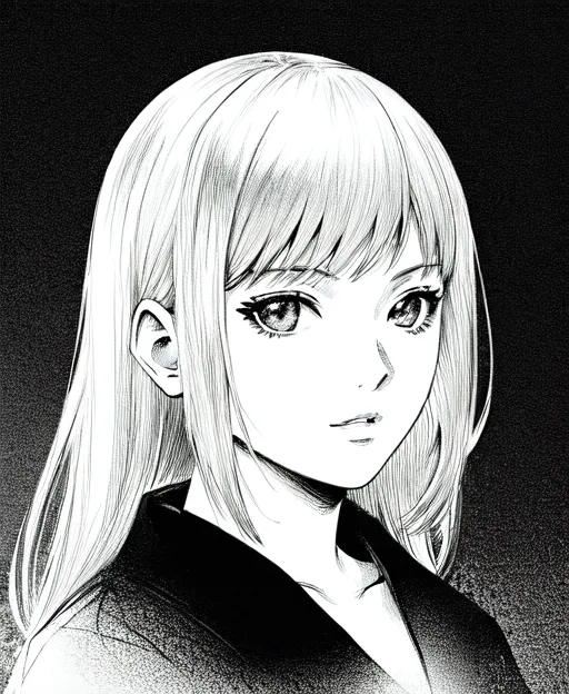 The image is a black and white portrait of a young woman. She has long, straight hair and bangs that frame her face. Her eyes are large and almond-shaped, and her lips are slightly parted. She is wearing a dark suit. The image is drawn in a realistic style, and the artist has used shading to create depth and dimension. The woman's expression is serious and thoughtful. She looks like she is lost in thought, or perhaps she is trying to remember something. The image is cropped close to her face, which makes her the center of attention. The background is a dark, neutral color, which helps to make her stand out. The overall effect of the image is one of mystery and intrigue. It is not clear what the woman is thinking or feeling, but she seems to be hiding something. The image is a good example of how a simple portrait can be used to create a sense of drama and suspense.