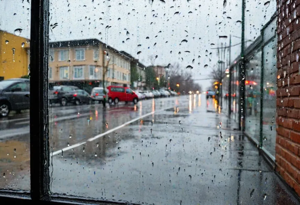 It's a rainy day outside the window. The rain is falling heavily and the streets are wet. The cars are driving slowly and the people are walking quickly. The buildings are tall and the trees are bare. The sky is dark and the clouds are thick. The rain is making a lot of noise and it's hard to see outside.