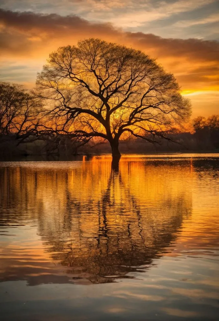 The setting sun casts a golden glow on the lake, trees, and sky. The still water reflects the beauty of the scene. A large tree stands in the middle of the lake, its branches reaching out towards the sky. The sun is setting behind the tree, casting a long shadow across the water. The sky is a deep orange, and the clouds are a light pink. The scene is one of peace and tranquility.