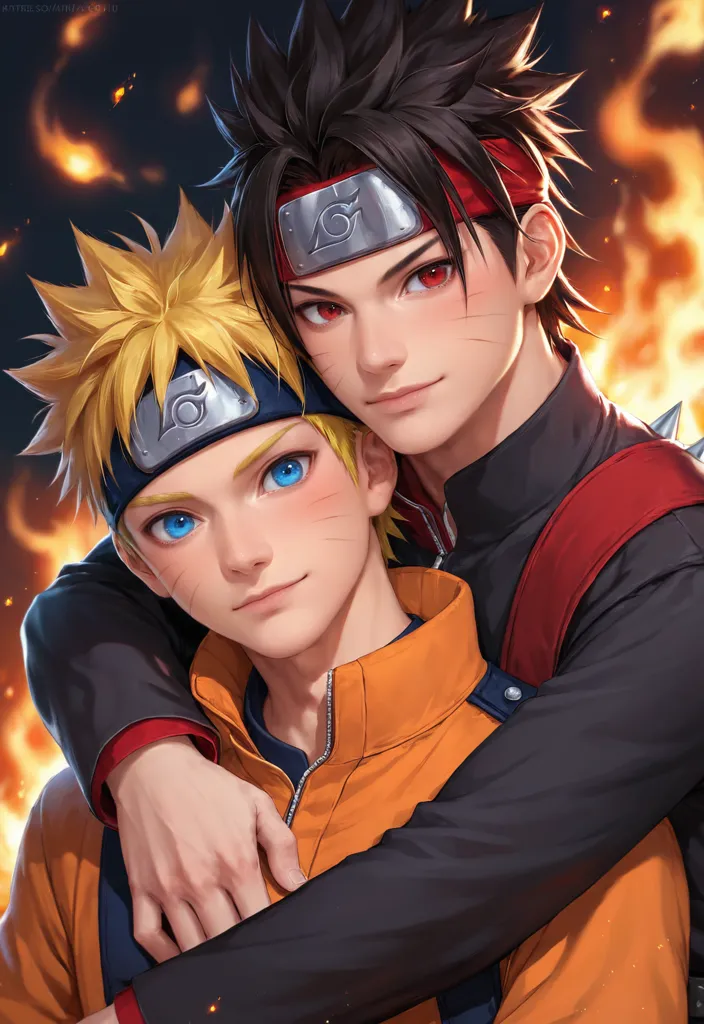 The image is of two male characters from the anime series Naruto. The characters are Naruto Uzumaki and Sasuke Uchiha. Naruto is on the left, with his signature spiky blond hair and blue eyes. He is wearing a black and orange jacket. Sasuke is on the right, with his black hair and red eyes. He is wearing a black shirt with a red Uchiha clan symbol on the back. The two characters are standing close together, with Naruto's arm around Sasuke's shoulder. They are both looking at the viewer with serious expressions. The background is a fiery orange color, with flames licking up around the characters.