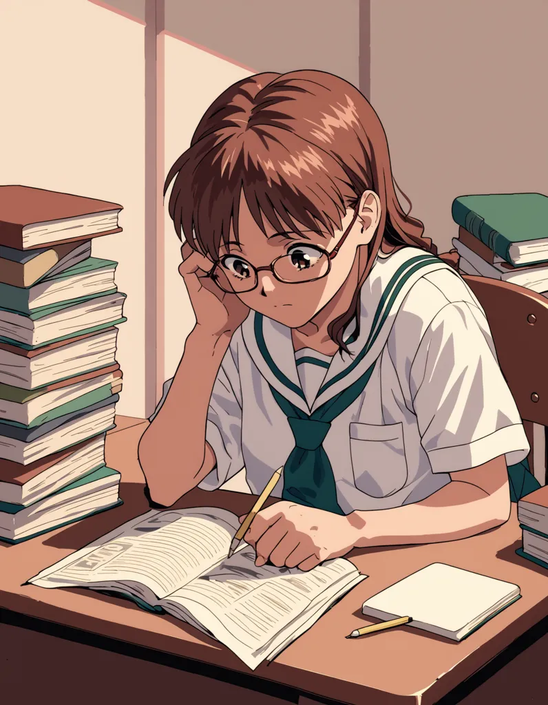 A girl with brown hair and glasses is sitting at a desk studying. She is wearing a white shirt and a green tie. There are many books on the desk. She is holding a pen and a book. She is looking at the book. She is studying hard.