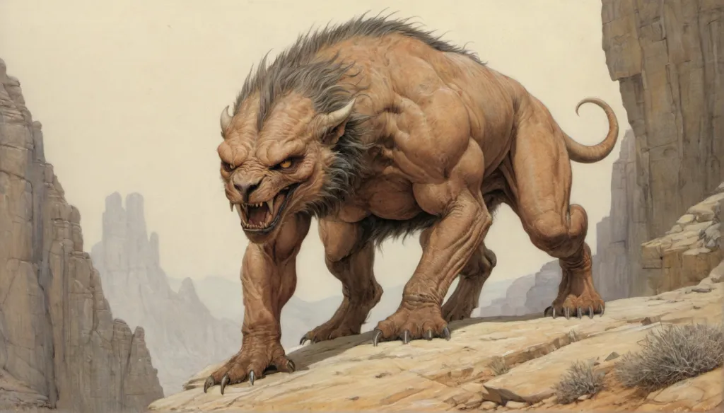 The creature is a large, muscular feline with a long, tufted tail. It has a lion-like head with a pronounced brow ridge and sharp teeth. Its fur is a sandy brown color, and its eyes are a deep, piercing yellow. The creature is standing on a rocky outcropping, and it is looking down at the viewer with a fierce expression.