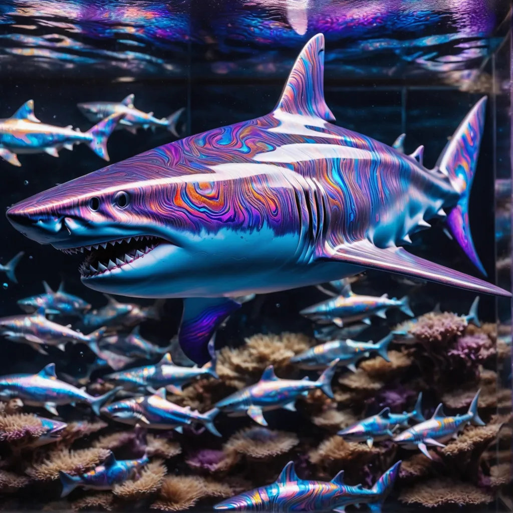 The image is of a shark. It is a large, powerful fish with a long, streamlined body and a large, pointed snout. The shark's skin is covered in iridescent scales that reflect the light in a rainbow of colors. The shark is swimming in a deep blue sea, surrounded by a school of smaller fish. The shark's mouth is open, and its teeth are bared. The shark's eyes are cold and calculating. The image is both beautiful and terrifying. It is a reminder of the power and beauty of nature, and of the dangers that lurk in the deep sea.