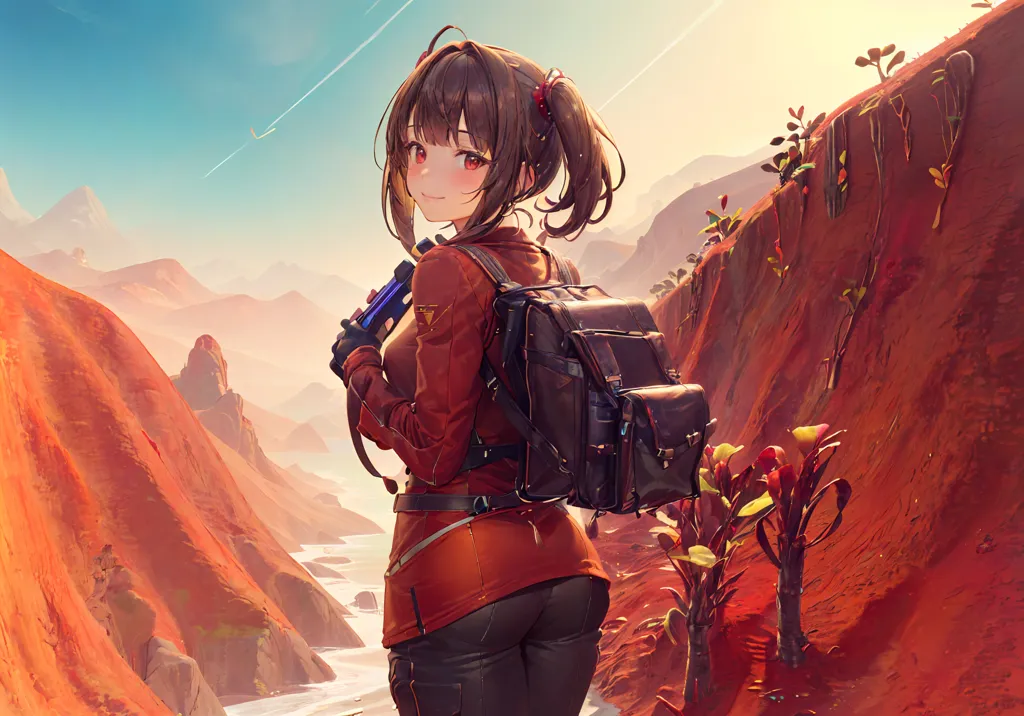 This image shows an anime-style girl standing on a cliff. She is wearing a red and black outfit and has brown hair and red eyes. She is carrying a backpack and has a gun in her hand. She is looking at a plant in front of her. There is a river and mountains in the background.