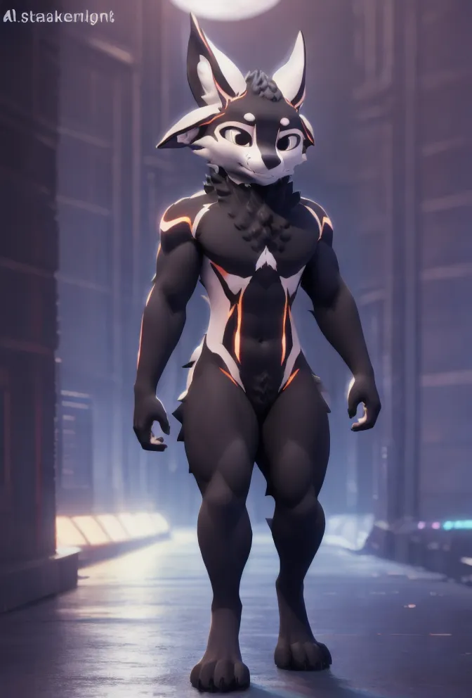 The image is a 3D rendering of a muscular anthropomorphic wolf. The wolf is black with white and orange markings on its face, chest, and arms. It has a lean build and is standing in a relaxed pose. The wolf's fur is short and well-groomed. It has a confident expression on its face and is looking directly at the viewer. The background is a blurred cityscape at night.