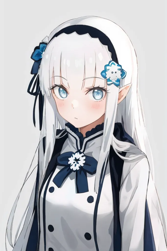 The image shows a young girl with long white hair and blue eyes. She is wearing a white dress with a blue bow. She has a flower in her hair and is looking at the viewer with a slightly puzzled expression. She has pointy ears like an elf.