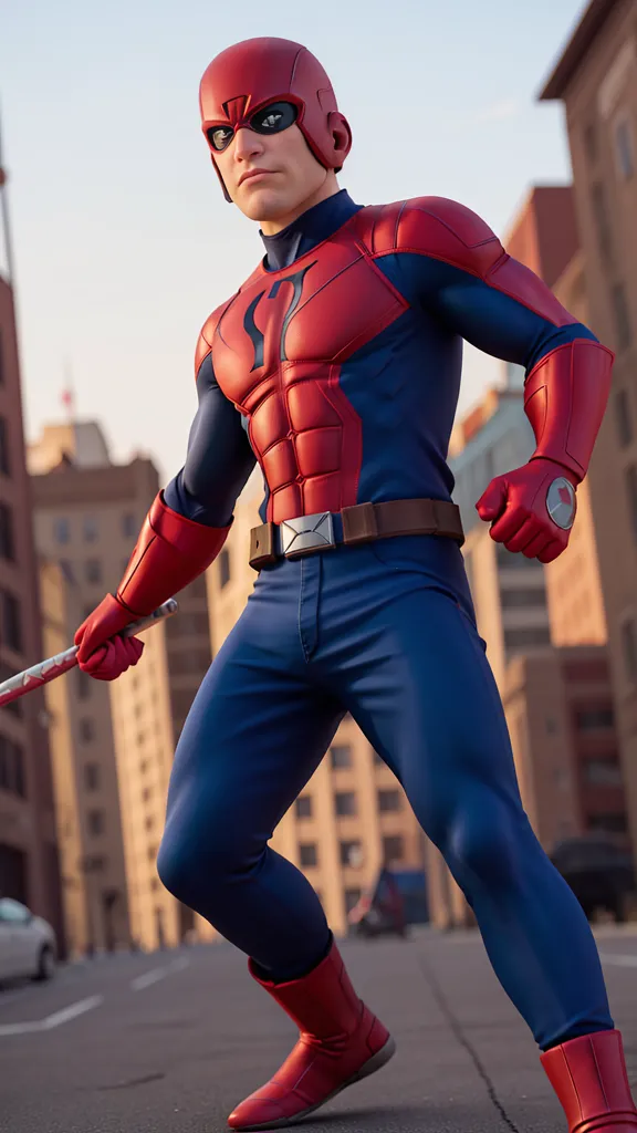 The image shows a superhero wearing a red and blue costume with a red cape. He is standing in a city street, surrounded by tall buildings. The superhero is holding a weapon in his right hand. He is looking at the camera with a determined expression on his face.