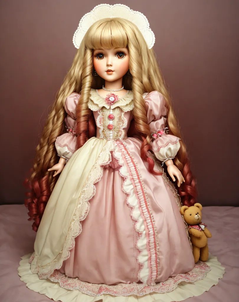 The image shows a porcelain doll with long blond hair and blue eyes. She is wearing a pink dress with a white lace overlay. The dress has a fitted bodice with a sweetheart neckline and a full skirt with a scalloped hem. The doll is also wearing a matching pink hat with a white lace trim and a pair of white lace gloves. She is holding a brown teddy bear in her left hand. The doll is standing on a pink plush surface with a brown background.