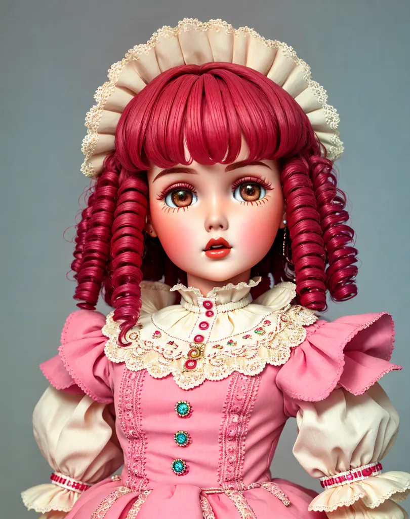 The image shows a porcelain doll with red curly hair. She is wearing a pink dress with a white collar. The dress is decorated with lace and pink and green jewels. She is also wearing a white bonnet with a pink ribbon. The doll has big brown eyes and pink lips. Her face is very detailed and lifelike. She is looking at the viewer with her head tilted a bit downwards at an angle.