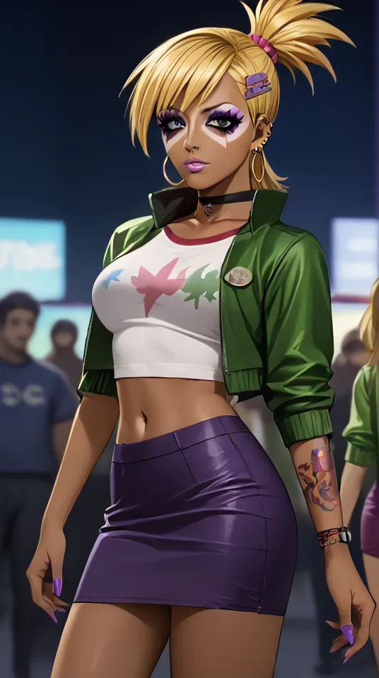 The image shows a young woman, probably in her early 20s. She has light blonde hair, dark skin, and purple eyes. She is wearing a white crop top, a green jacket, and a purple skirt. She has a confident expression on her face and looks like she is ready to take on the world.