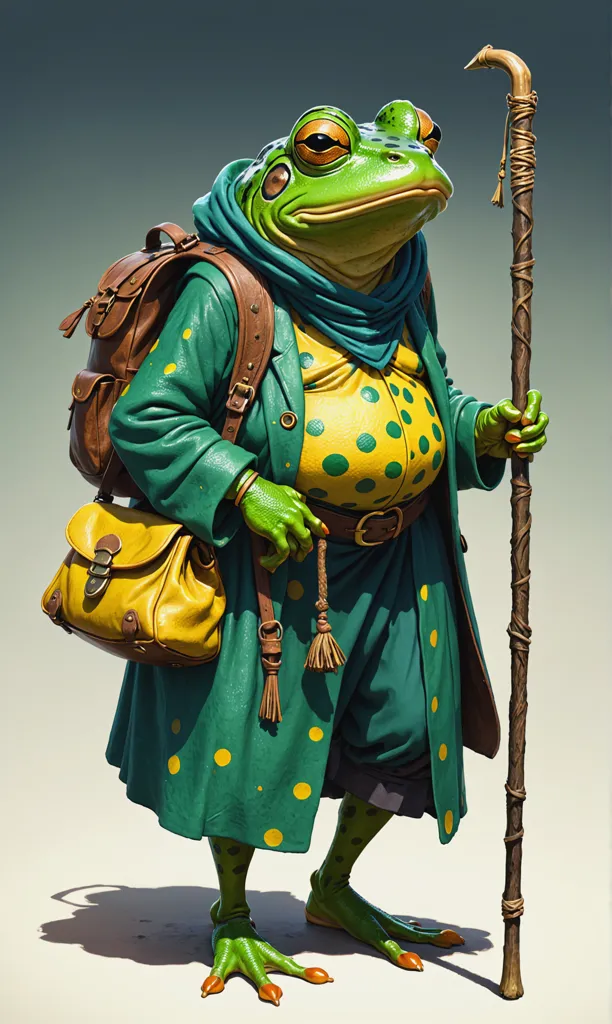 The image shows a anthropomorphic frog wearing a green and yellow outfit. The frog is wearing a brown leather backpack and carrying a staff. The frog has a determined expression on its face and is looking to the left.