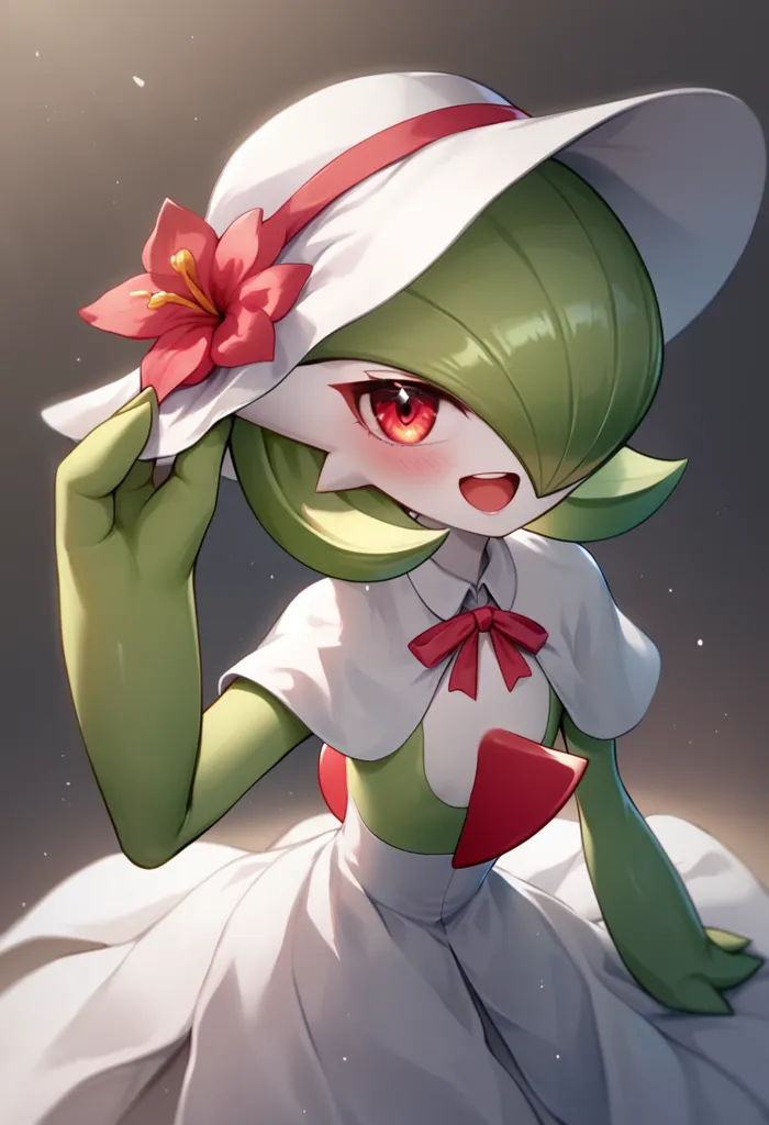 The picture shows a cute anime girl with green hair and red eyes. She is wearing a white dress with a red ribbon and a white hat with a red ribbon. She has a flower in her hair. She is smiling and looks happy.