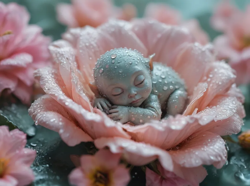 This image shows a tiny blue baby sleeping in a pink flower. The petals of the flower are wet with dew or rain. The baby's eyes are closed, and its face is serene. The image is very detailed, and the baby's skin looks soft and smooth. The flower is also very realistic, and the petals look delicate and fragile. The image is very beautiful and captures the innocence and vulnerability of a newborn baby.