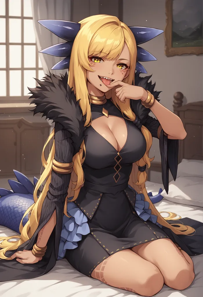 The image is of a beautiful woman with long blonde hair and blue eyes. She is wearing a black dress with a low neckline and a high slit. She is sitting on a bed and has a seductive expression on her face. She has a long tail and sharp teeth.