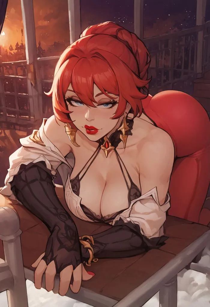 The picture shows a beautiful woman with red hair and red eyes. She is wearing a revealing outfit and is sitting in a seductive pose. She is looking at the viewer with a knowing smile. The background is a blur of a cityscape.