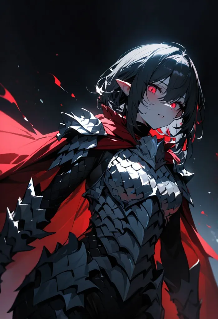 The picture shows a dark-haired anime girl with red eyes. She is wearing a red cape and a black and red鎧甲. She has a serious expression on her face.