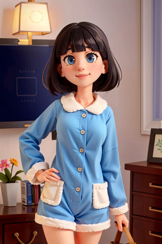 The image shows a young woman standing in a bedroom. She is wearing a blue one-piece pajamas with white trim. The pajamas have buttons down the front and two white pockets. The woman has short black hair and blue eyes. She is smiling and has one hand on her hip. There is a lamp on the nightstand behind her and a dresser with a picture frame on it.