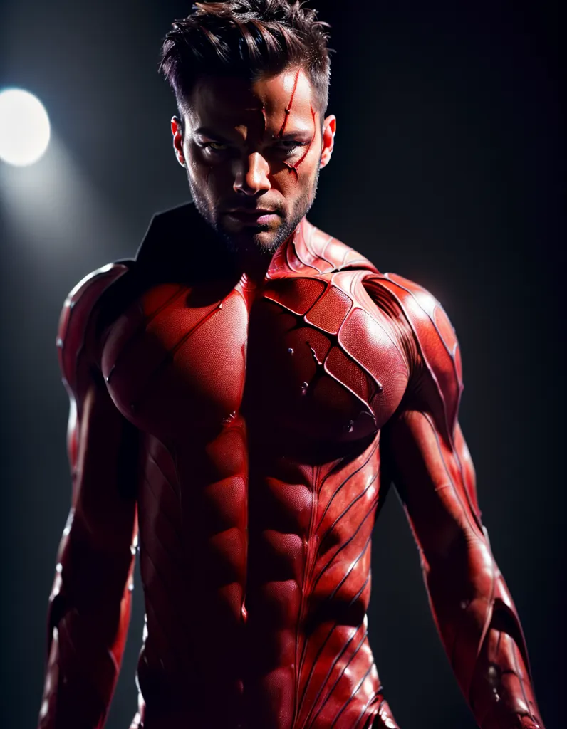 This is a picture of a superhero. He is wearing a red and black suit. The suit has a high collar. His face is bruised and bloody. He has a determined look on his face. He is standing in a fighting stance. There is a spotlight shining down on him.