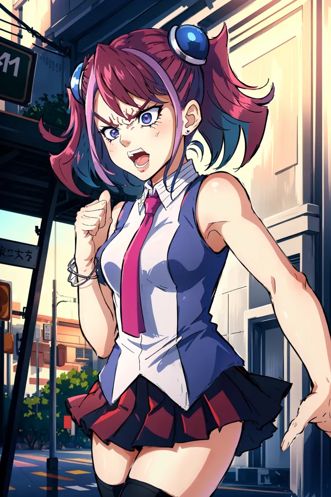 This image shows an anime-style girl with pink and blue hair. She is wearing a white shirt, red tie, and blue skirt. She has a determined expression on her face and is speaking with her mouth open. She is standing in an urban setting with buildings and a street sign in the background.