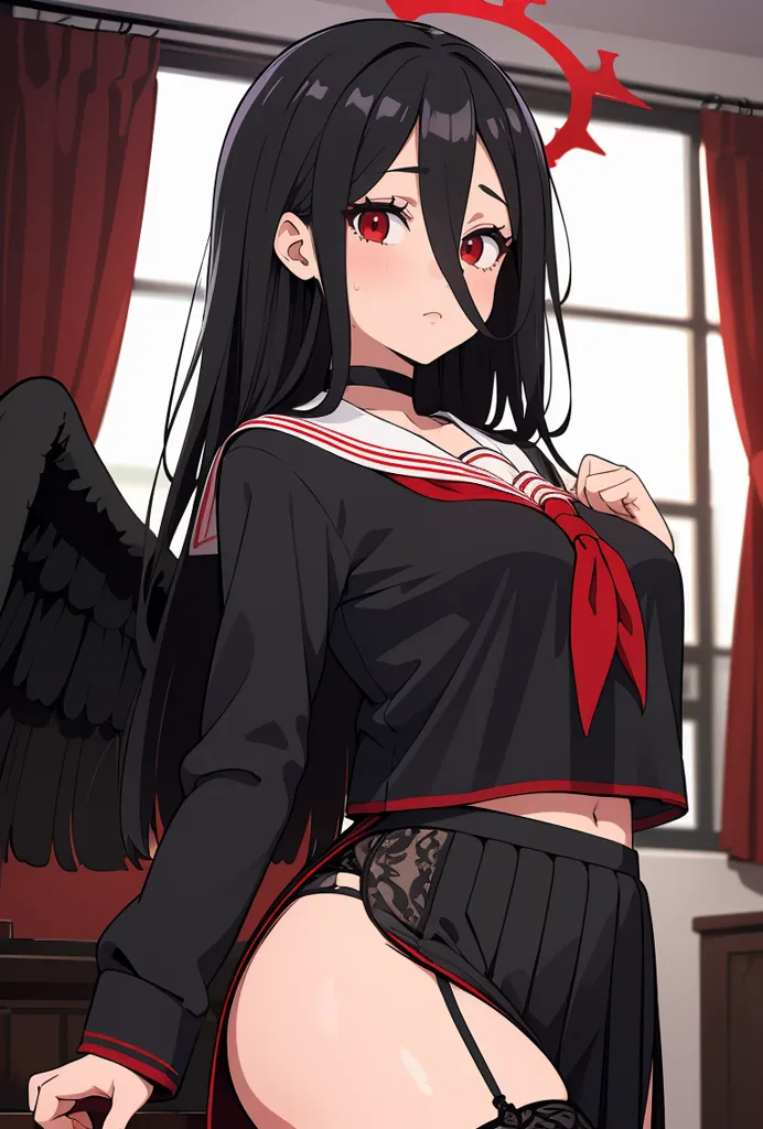 The picture shows a young woman with long black hair and red eyes. She is wearing a black sailor服with a red tie. She also has a pair of black wings. She is standing in a room with red curtains and a large window.