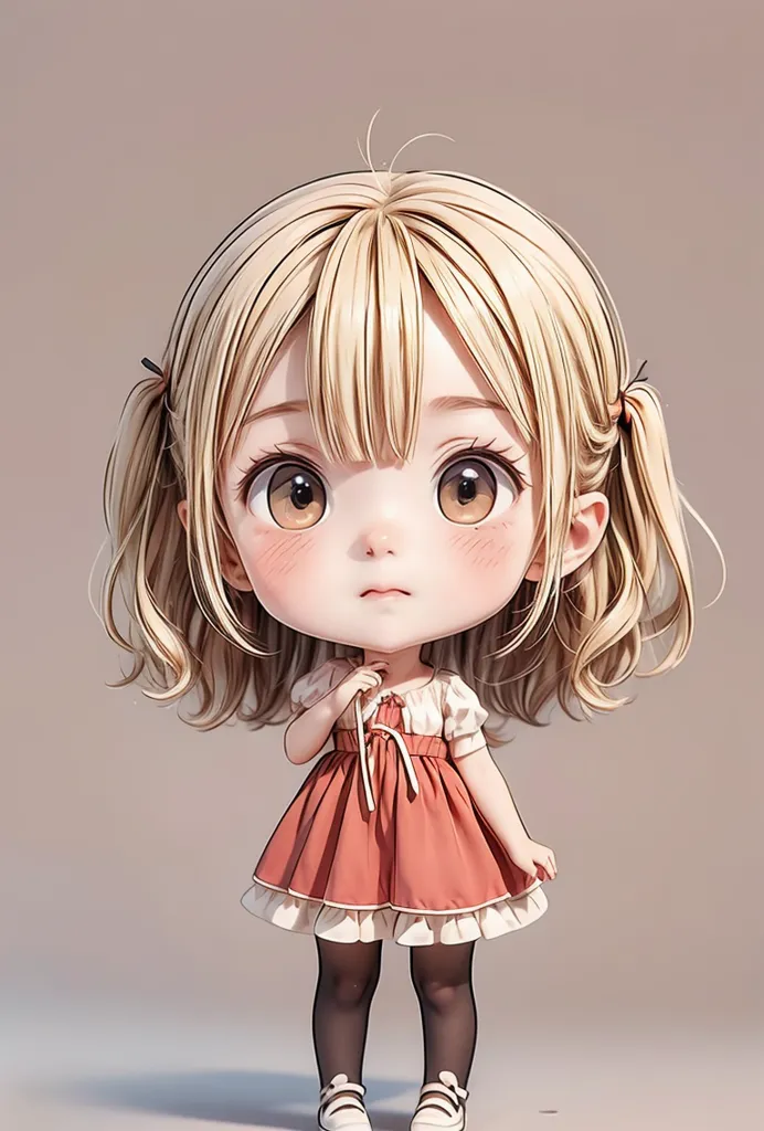 The image shows a cute anime girl with blonde hair and brown eyes. She is wearing a red and white dress with a white collar. She is also wearing black stockings and white shoes. She has a worried expression on her face and is looking at the viewer with her head tilted a bit downwards.