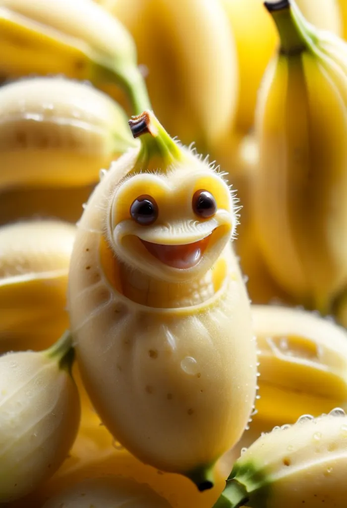 The image shows a banana that has been peeled and has a face carved into it. The banana is smiling and has two big eyes. It is surrounded by other bananas that are not peeled.