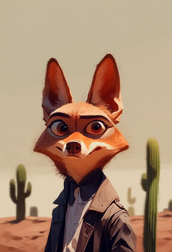 This is a picture of a cartoon fox. It looks like a fennec fox, with its big ears and small face. It is wearing a brown leather jacket and a white shirt. It is standing in a desert, with cacti in the background. The fox has a friendly expression on its face.