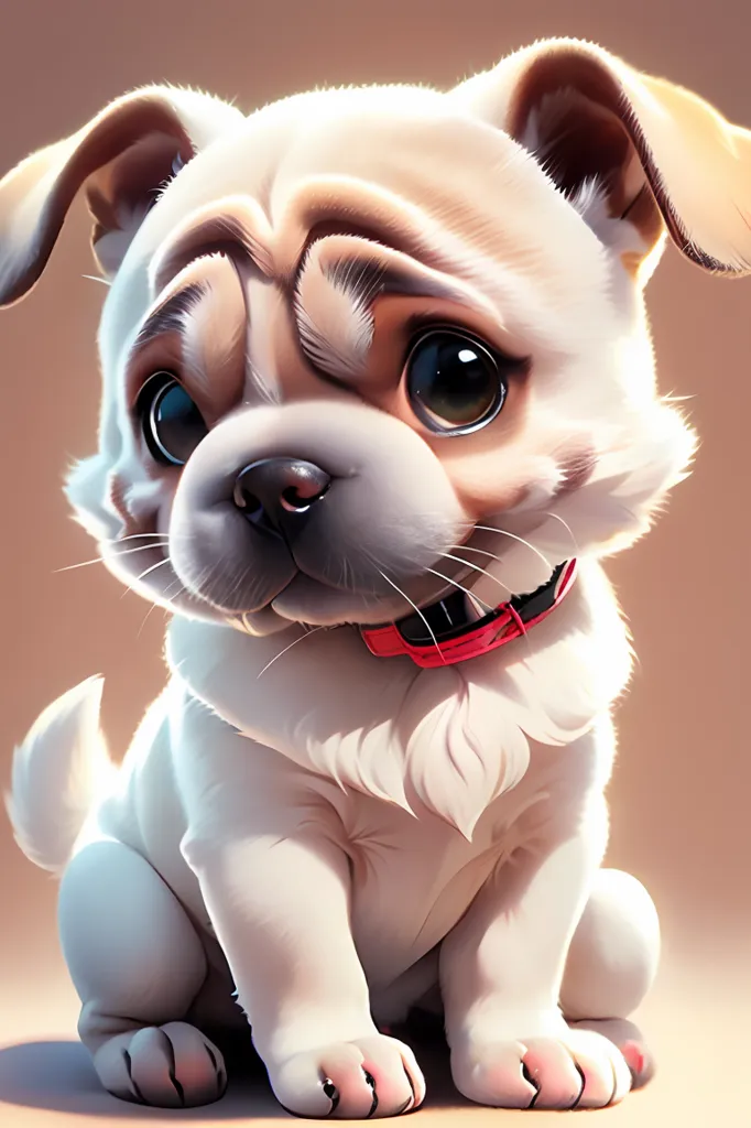 The image shows a cute puppy with big round eyes and a pink nose. It has short brown and white fur and is wearing a red collar. The puppy is sitting on a brown surface and looking up at the viewer with a curious expression. The background is a soft, light brown color.