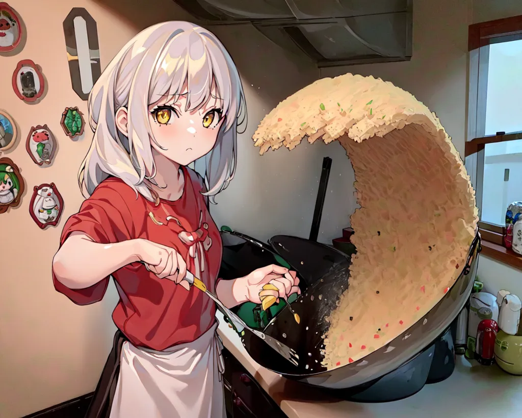 A girl with white hair and yellow eyes is cooking in a kitchen. She is wearing a red shirt and a white apron. She is holding a spatula and a fork. She is cooking a large amount of fried rice. The fried rice is overflowing out of the pan and creating a wave. The girl is looking at the fried rice with a surprised expression on her face.