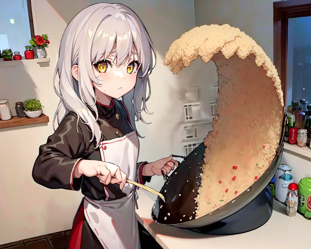 A young girl with white hair and yellow eyes is cooking in a kitchen. She is wearing a black chef's coat and a white apron. She is holding a large spatula in her right hand and is stirring a giant wave of fried rice in a wok with her left hand. The wave of fried rice is about to spill over the edge of the wok. The girl is looking at the wave of fried rice with a worried expression on her face. In the background, there is a counter with a variety of condiments on it.