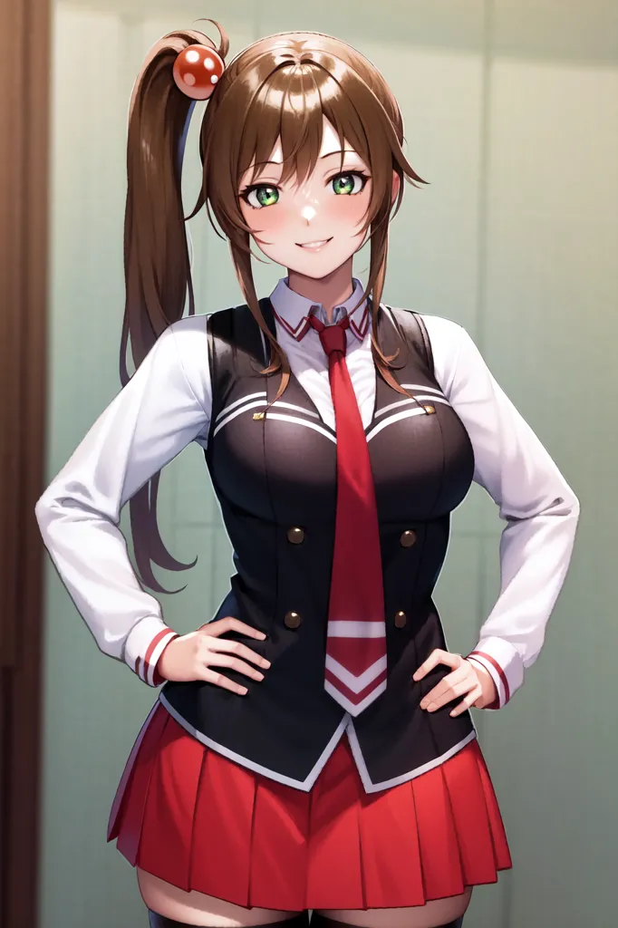 The image shows an anime-style girl with brown hair and green eyes. She is wearing a white blouse, a black vest, and a red tie. She is also wearing a red and black pleated skirt. She has a ponytail and is smiling at the viewer. She is standing with her hands on her hips.