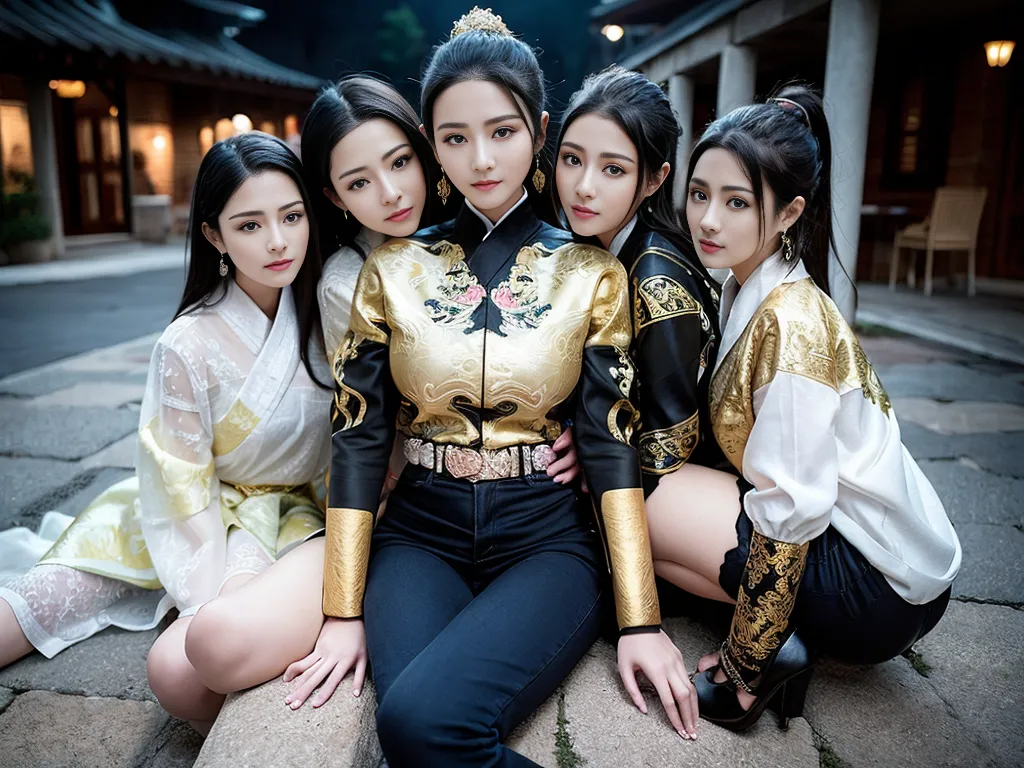 This image shows five young women dressed in modern clothing with ancient Chinese elements. They are posing together in a courtyard, with the background blurred. The women are all beautiful, with long hair, flawless skin, and perfect figures. They are wearing a variety of outfits, including a black and gold jacket, a white dress, and a blue skirt. The women are all smiling and looking at the camera. The image is very stylized, with a focus on the beauty of the women and the richness of the clothing.