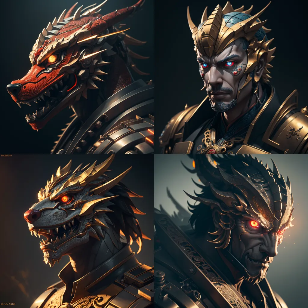 The image is of four different characters. The top left is a red dragon with a golden mane and red eyes. The top right is a man with golden armor and a golden crown. The bottom left is a white and gold dragon with red eyes. The bottom right is a man with black and gold armor and red eyes.