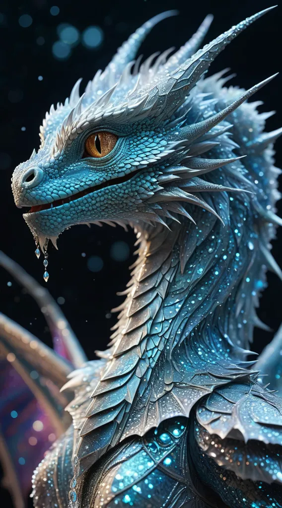 The dragon is a majestic creature with a long, serpentine body covered in shimmering blue scales. Its wings are a deep purple, and its eyes are a piercing yellow. The dragon's head is long and narrow, with a sharp snout and a forked tongue. Its teeth are long and sharp, and its claws are鋒利的. The dragon is standing on a rock, and it is surrounded by a mist.