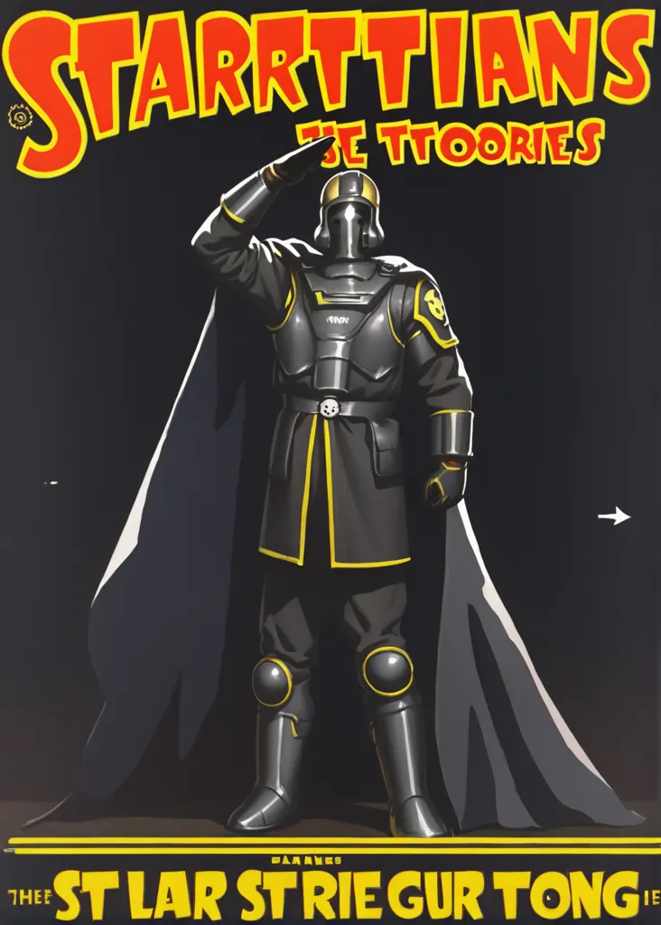 The image is a propaganda poster for the fictional STARR TARRIANS. The poster features a soldier in a black uniform with yellow and grey armor. The soldier is saluting with one hand and holding a gun in the other hand. The background is red and yellow, with a gear symbol in the upper left corner. The text on the poster reads \