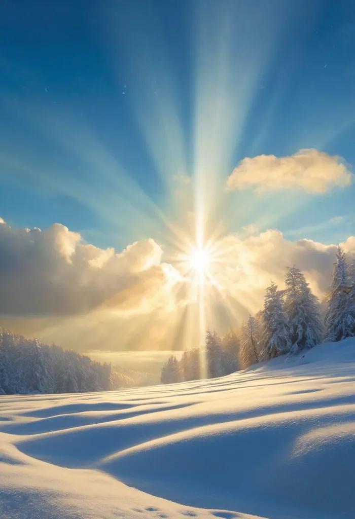 The image shows a beautiful winter landscape. The sun is shining brightly, and the snow is sparkling. The trees are covered in snow, and the ground is一片白茫茫. The sky is a clear blue, and there are a few clouds in the distance. The scene is peaceful and serene.