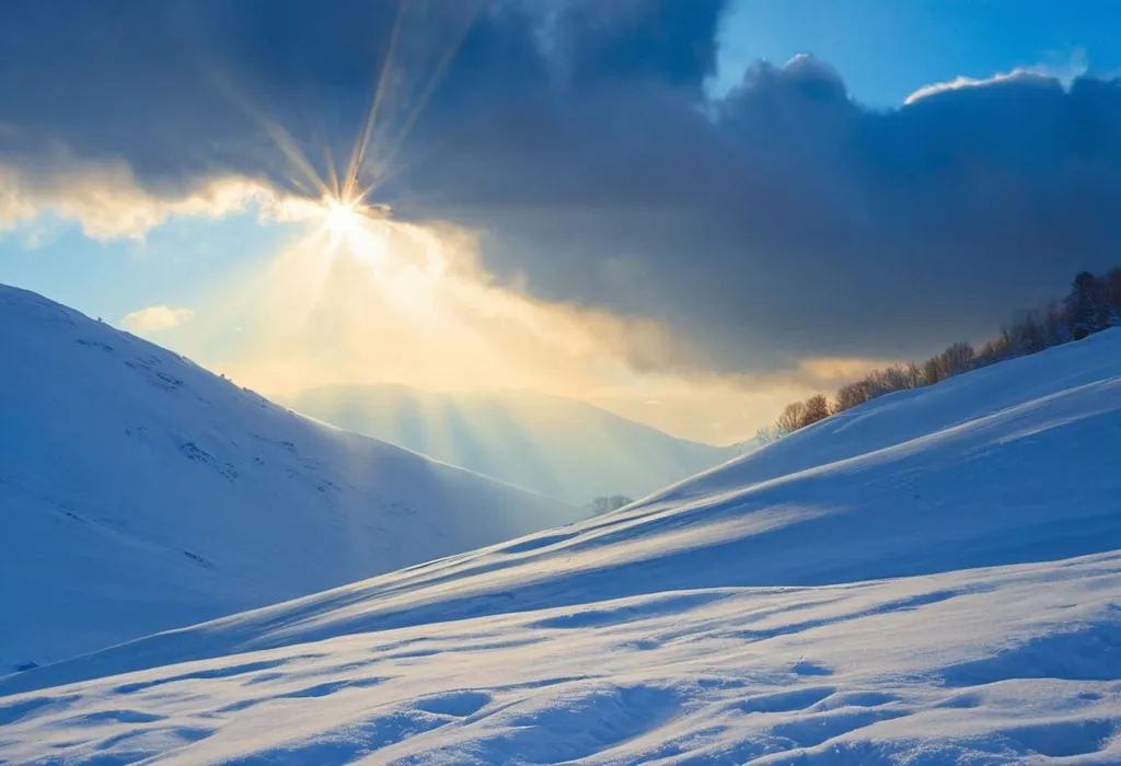 The image shows a beautiful winter landscape. The mountains are covered in snow. The sun is shining through the clouds. The sky looks amazing with a bright shining sun and dark clouds. The snow is very thick.