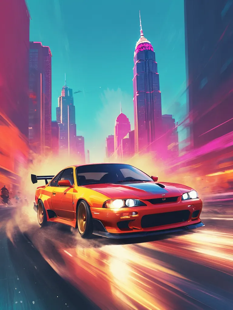 A red and black sports car is speeding down a city street. The car is blurred, showing that it is moving very fast. The background of the image is a cityscape with tall buildings and a blue sky. The image is in a comic book style, with bright colors and bold lines.