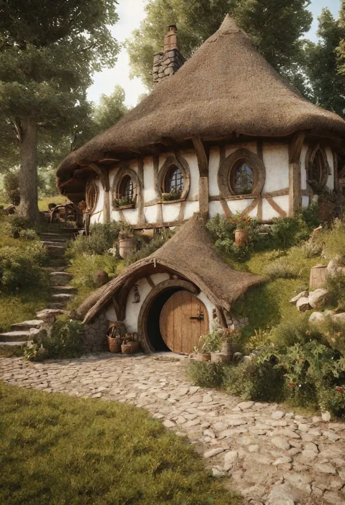 The image is a hobbit hole, which is a type of house that is typically found in the Lord of the Rings series of books and movies. Hobbit holes are usually built into hillsides and have a round door and a thatched roof. The image is very detailed and shows the hobbit hole in its natural setting.