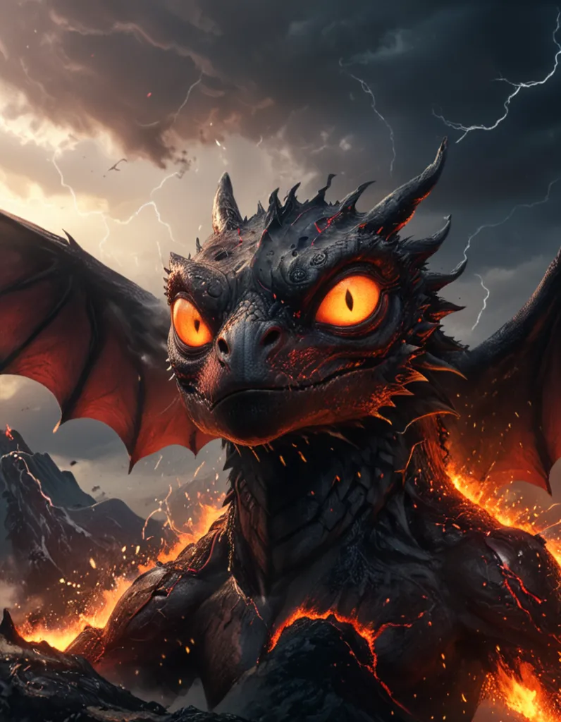 The dragon is a fearsome creature with scales as black as night. Its eyes are a molten orange, and its teeth are like daggers. It is surrounded by a sea of fire, and the sky is lit up with lightning. The dragon is the embodiment of power and destruction, and it is a force to be reckoned with.