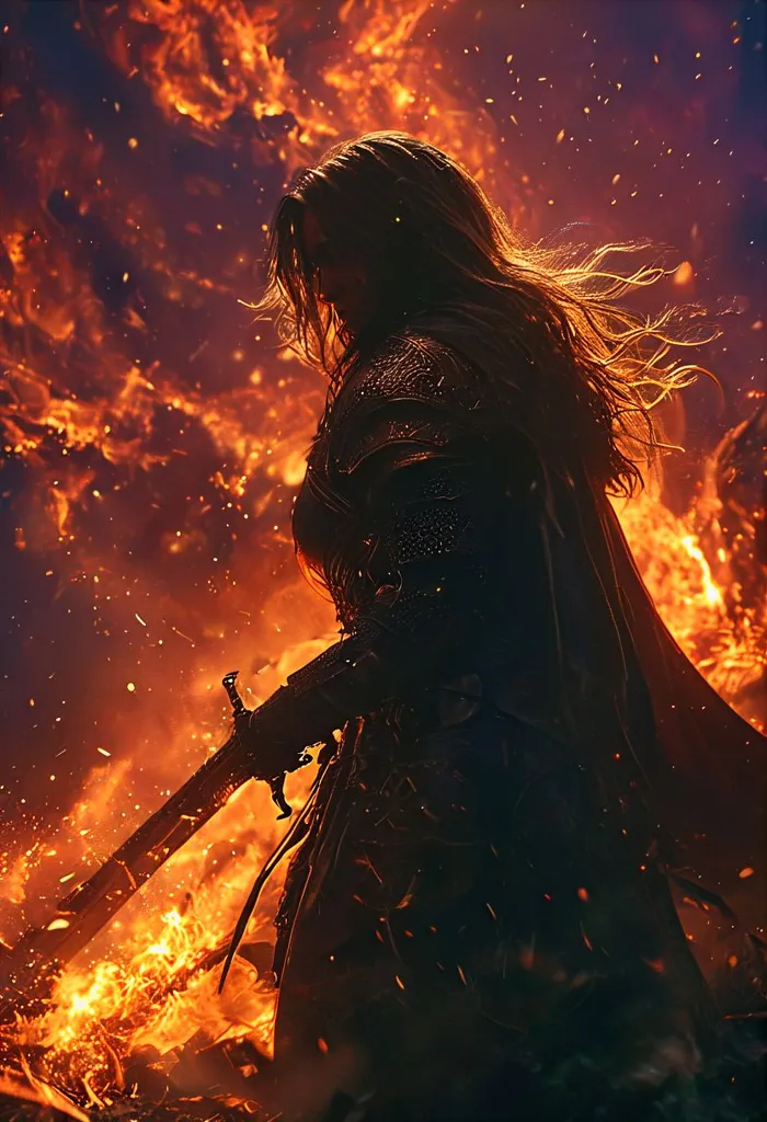 A warrior stands in the middle of a fiery battlefield. The warrior is wearing a suit of armor and a long flowing cape. They are holding a sword in their right hand. The warrior's face is obscured by their helmet, but their eyes are visible and they are filled with determination. The fire is all around them, but the warrior is not afraid. They are ready to fight for what they believe in.