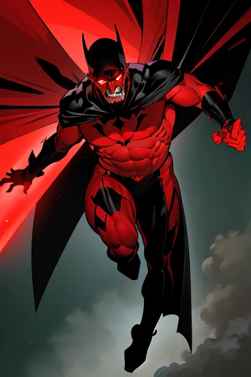 The image is of a superhero. He is wearing a red and black batsuit. His face is red and he has a scowl on his face. His eyes are glowing red. He is surrounded by a red background.