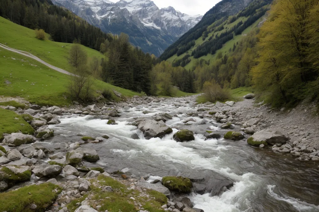 The image shows a mountain river in a valley. The river is wide and shallow, with large rocks and boulders in the middle. The water is clear and blue-green, and it is rushing along at a fast pace. The banks of the river are steep and covered in moss, grass, and small trees. The valley is surrounded by high mountains, which are covered in snow. The sky is blue and cloudy. The image is taken from a high angle, and it shows the river winding its way through the valley.