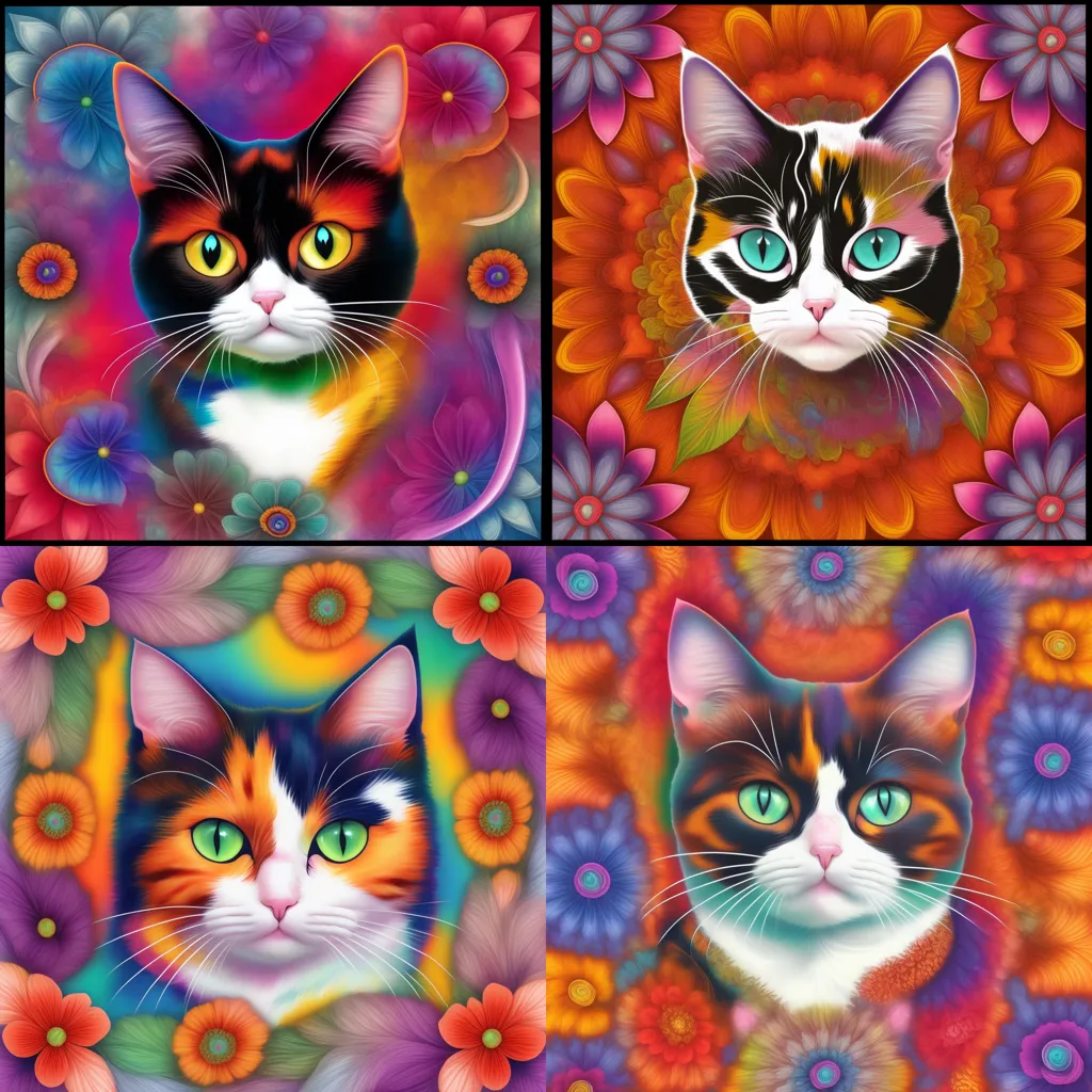 This image is a 2x2 grid of psychedelic cat portraits. Each cat is a different color, with the top left cat being orange, the top right cat being blue, the bottom left cat being pink, and the bottom right cat being green. The cats are all looking at the viewer with their mouths closed. They are surrounded by colorful flowers and leaves. The background is a dark color.