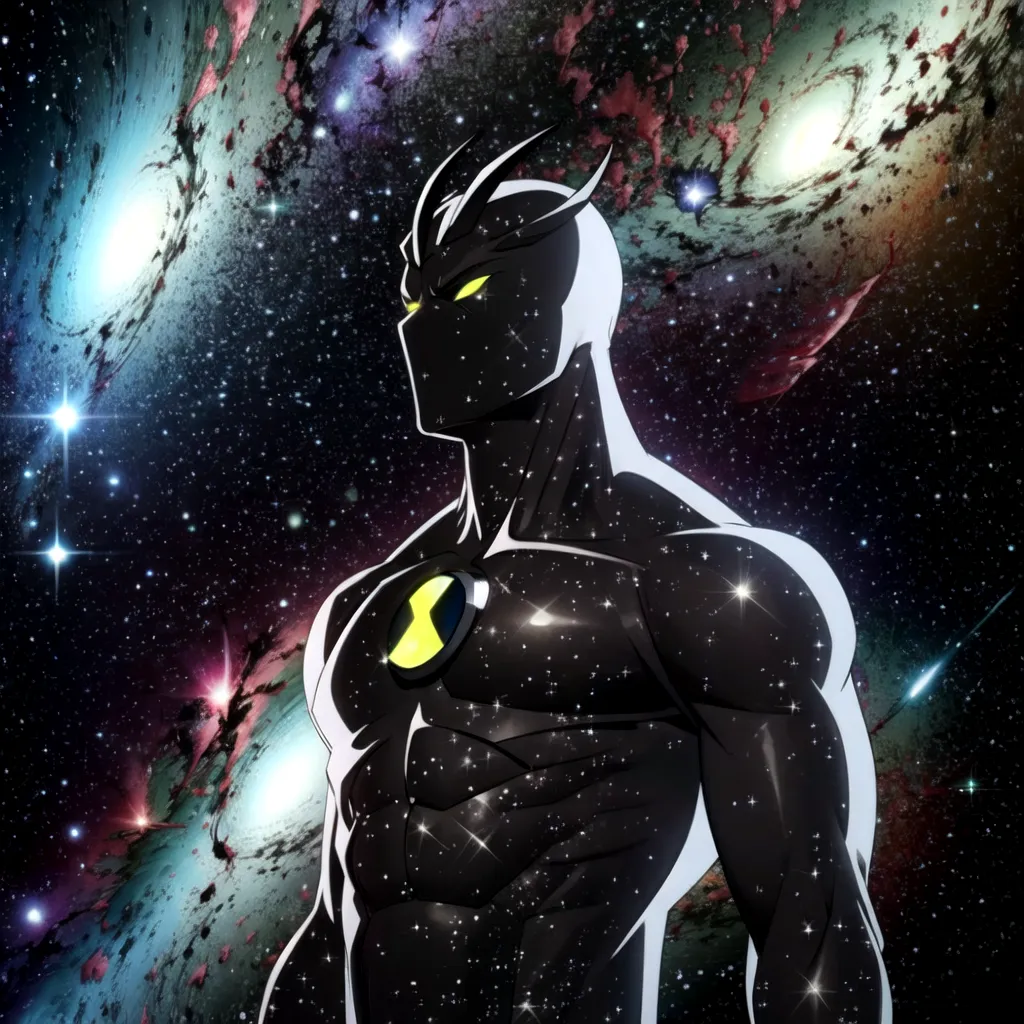 The picture shows a superhero. He is black and has yellow eyes. He is wearing a black suit with a yellow symbol on his chest. He is standing in front of a colorful background. There are stars and galaxies in the background. The superhero looks like he is ready to fight.