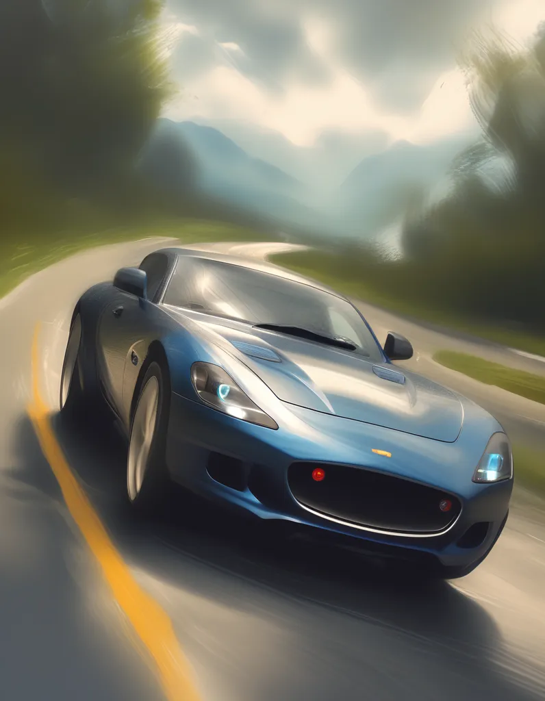 The image shows a blue sports car driving on an asphalt road. The car is blurred, and the background is in focus. The car is in the middle of a curve, and the road is surrounded by trees. The sky is cloudy, and the sun is not out. The car is moving quickly, and it looks like it is going to crash.