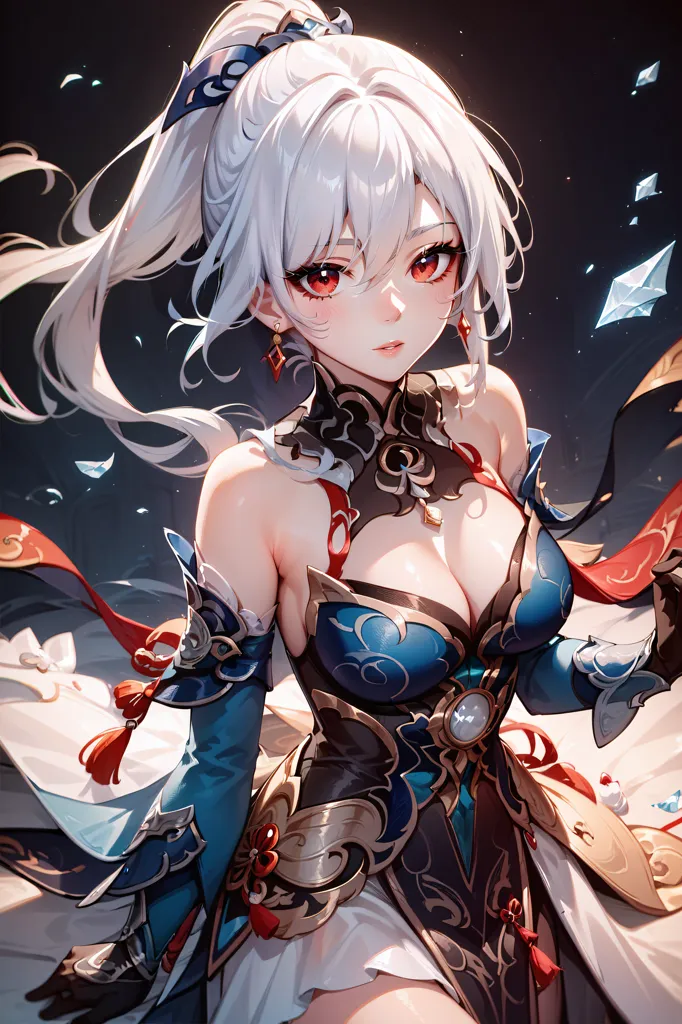 This is an image of a beautiful anime girl with white hair and red eyes. She is wearing a blue and white dress with a lot of intricate details. The dress has a plunging neckline and a high collar. She is also wearing a red and white ribbon in her hair. The girl is standing in front of a dark background with a glowing white light on her. She has a serious expression on her face.