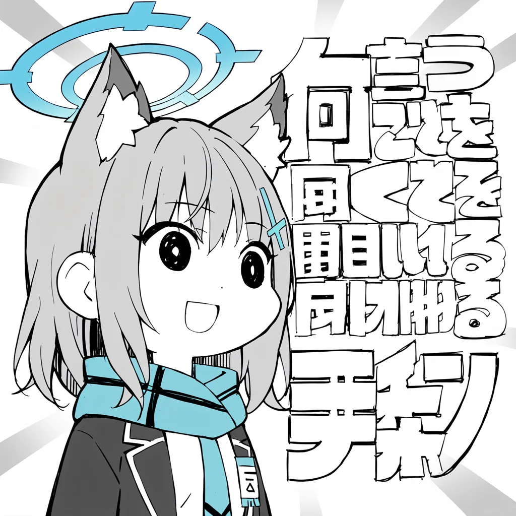 The image is a black and white cartoon drawing of a chibi-style character with cat ears. She has short hair and is wearing a scarf. The character is smiling and has her eyes closed. There is Japanese text on the right side of the image.